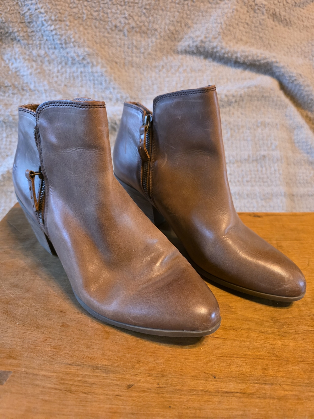 Women's Brown Leather Ankle Booties - Side Zip